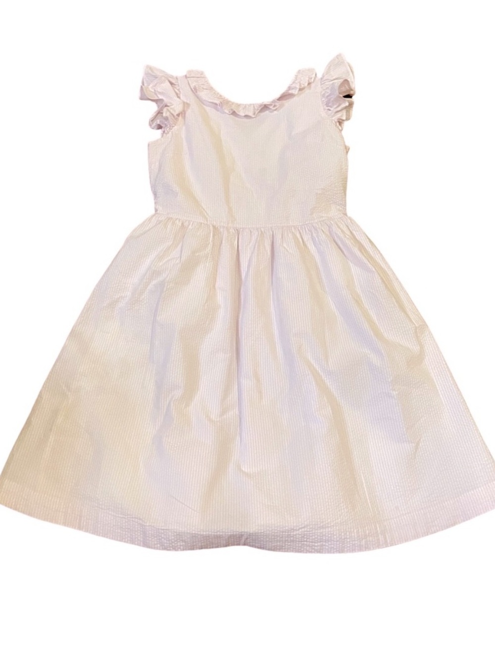 J Crew Crewcuts pink white seersucker stripe dress ruffle cap sleeve size 14